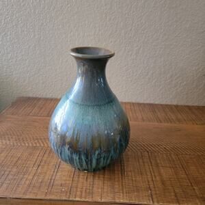 Vintage Drip Glaze Ceramic Vase in Teal and Brown with Flared Rim 8.5 Inch Tall